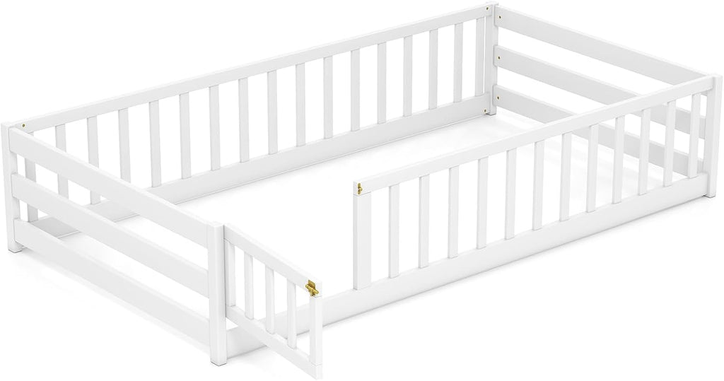 KOMFOTT Twin Size Wood Floor Bed with Door & Fence, Montessori Bed Frame with Full Length Safety Guardrails, Door & Latch, Wooden Montessori Floor Bed for Kids, Girls, Boys (White, Twin)