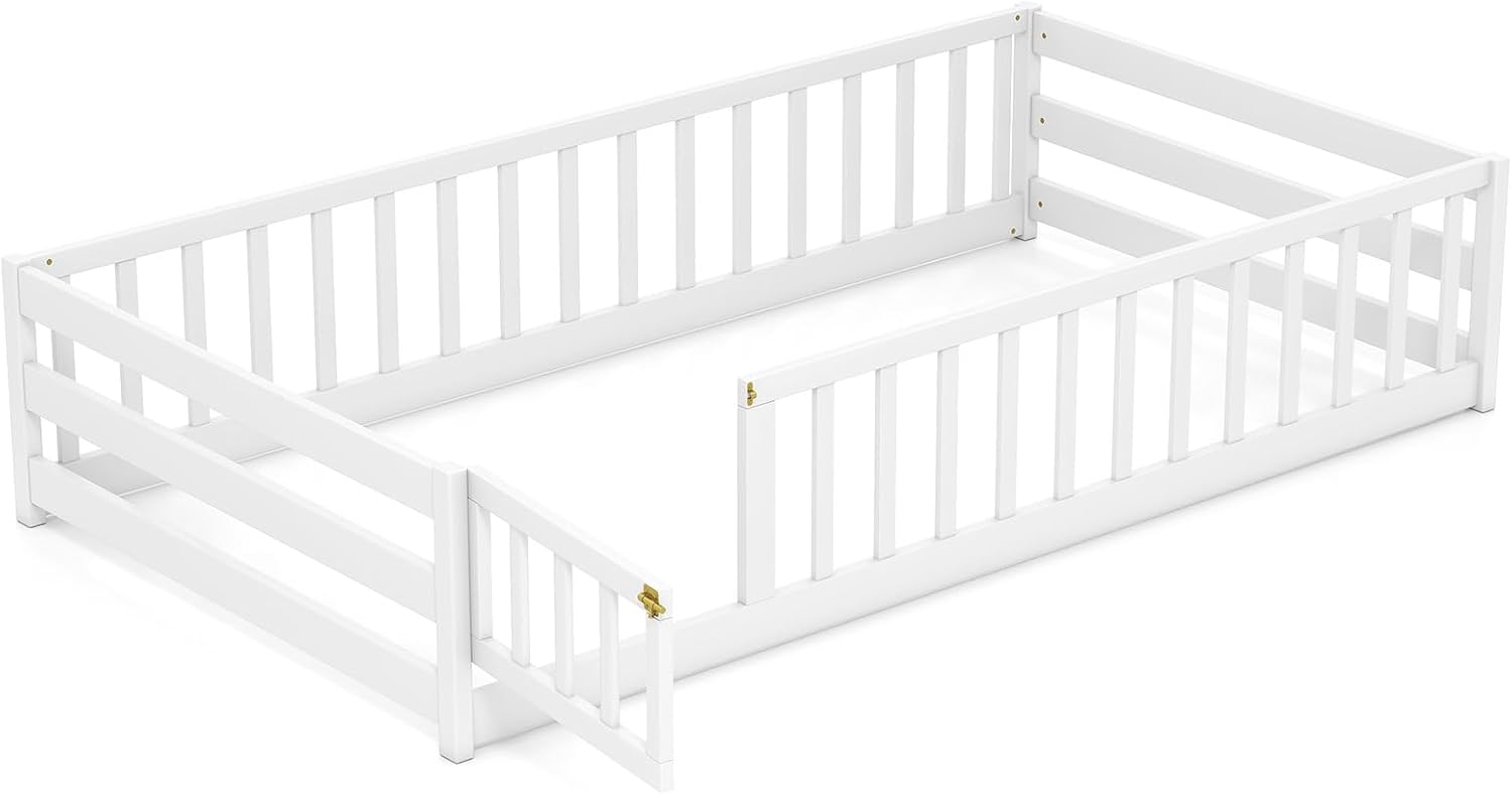 KOMFOTT Twin Size Wood Floor Bed with Door & Fence, Montessori Bed Frame with Full Length Safety Guardrails, Door & Latch, Wooden Montessori Floor Bed for Kids, Girls, Boys (White, Twin)