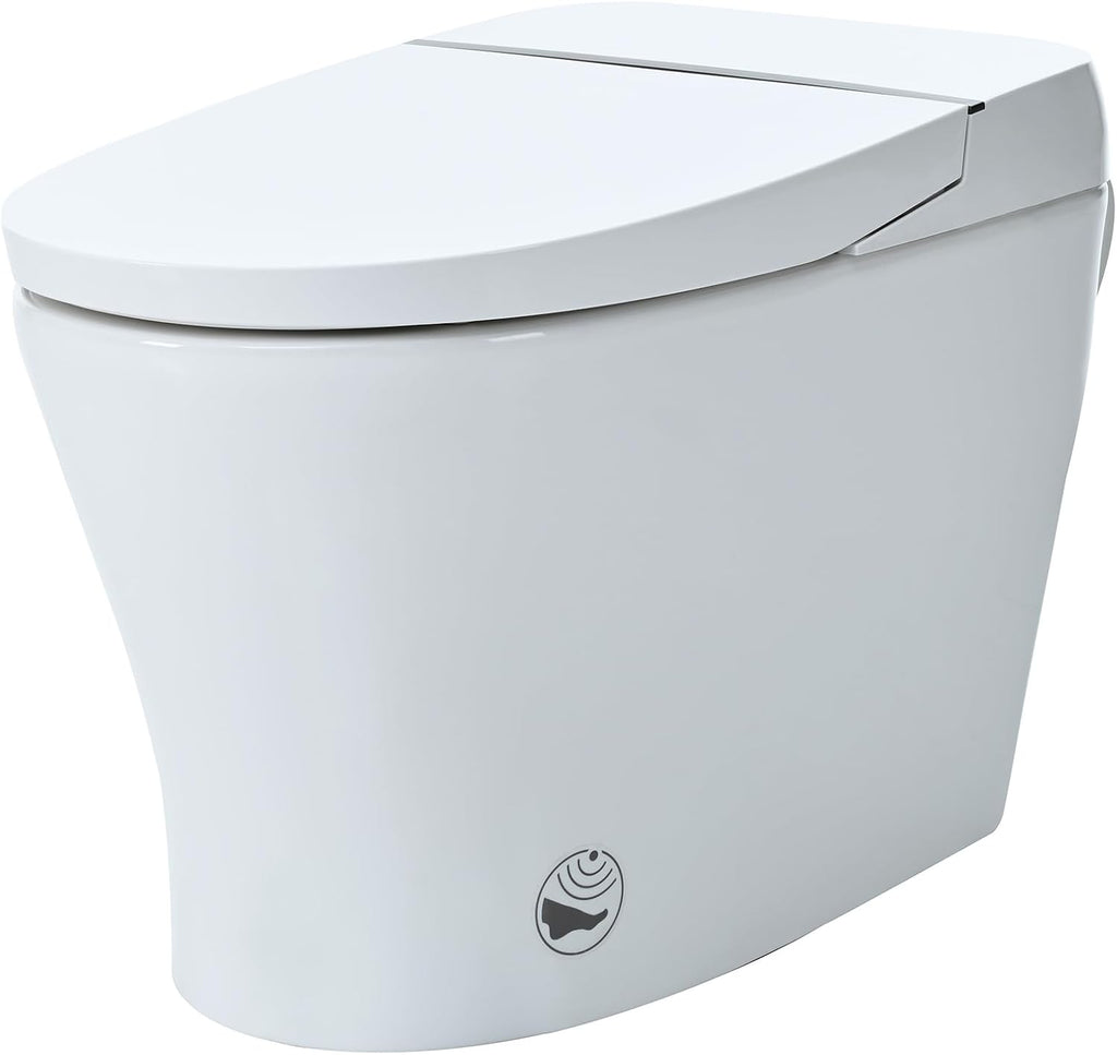 Merax Heated Seat Smart Toilet, Upmarket Compact Dual Flush, 1/1.28 GPF, Tankless, Adjustable Temp, Foot Sensor Flush, White Night Light, Knob Control, Power Out, White, Plastic, Glossy Finish