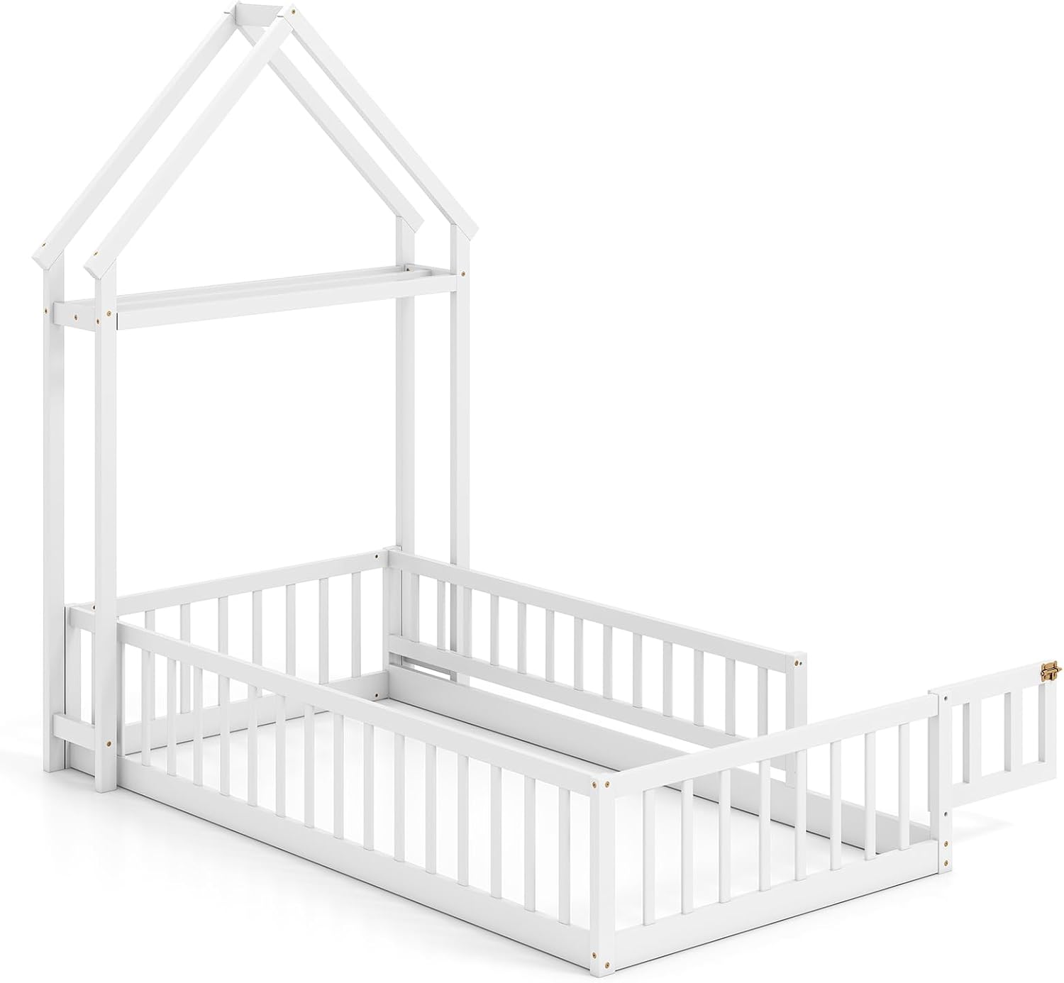 KOMFOTT Twin Size Floor Bed with House-Shaped Headboard, Kids Montessori Floor Bed with Detachable Clothes Hanger, Full Length Safety Guardrails, Door & Latch, Solid Wood Floor Bed Frame