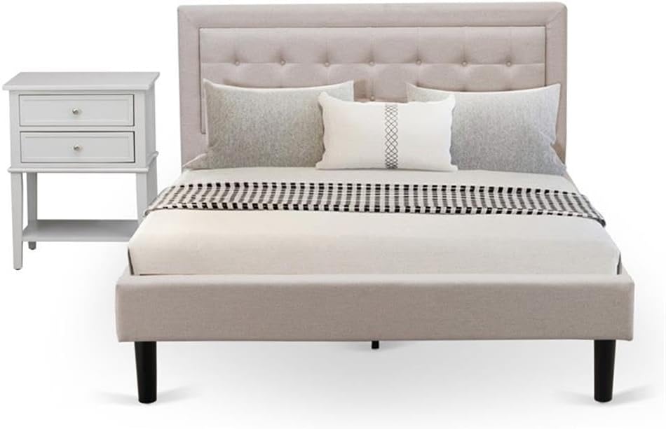 East West Furniture FN08Q-1VL14 2-Piece Fannin Bed Set with 1 Platform Bed and a Bedroom Nightstand - Reliable and Durable Manufacturing - Mist Beige Linen Fabric