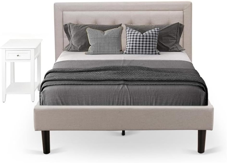 East West Furniture FN08F-1DE05 2-Pc Fannin Bedroom Furniture Set with 1 Full Bed and a Night Stand - Mist Beige Linen Fabric