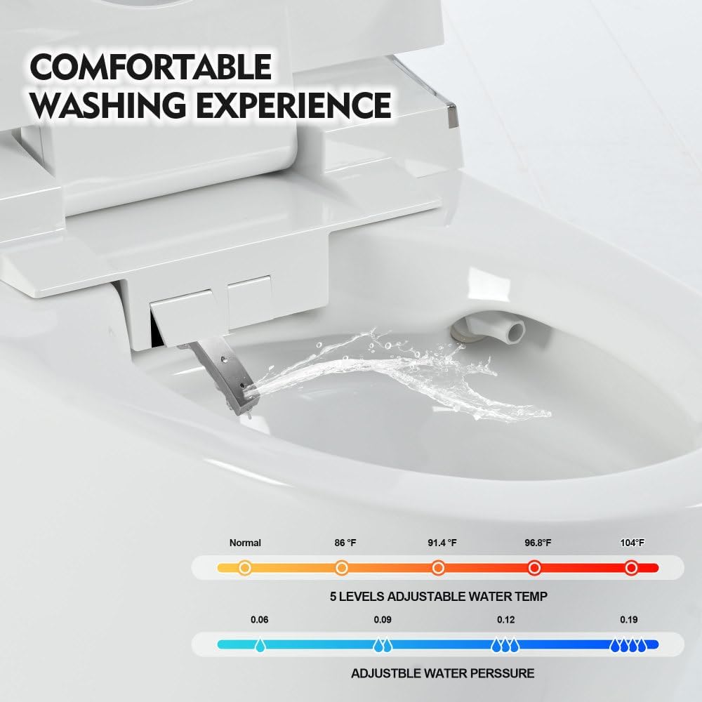 Smart Heated Bidet Toilet Seat with Warm Water Wash & Dryer, Automatic Flush — Elongated One‑Piece Toilet with Remote Control, Adjustable Water/Seat/Air Temp, Soft‑Close Lid