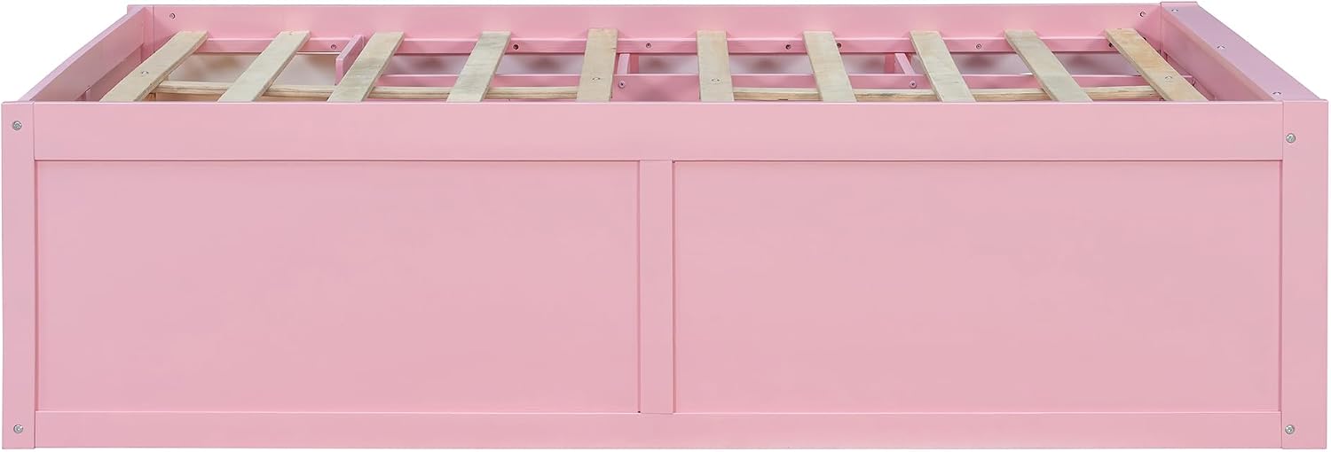 Bellemave Full Size Kids Bed with Display Cabinet, LED Light and Drawer, Wood Full Platform Bed with Bookshelf, BedFrames for Kids, Adults, Pink+White
