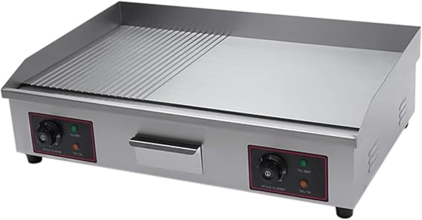 29'' Commercial Electric Griddle,Electric Countertop Flat Top Griddle Half Grooved/Flat, Teppanyaki Stainless Steel Grill,Temperature Control 122°F-572°F.