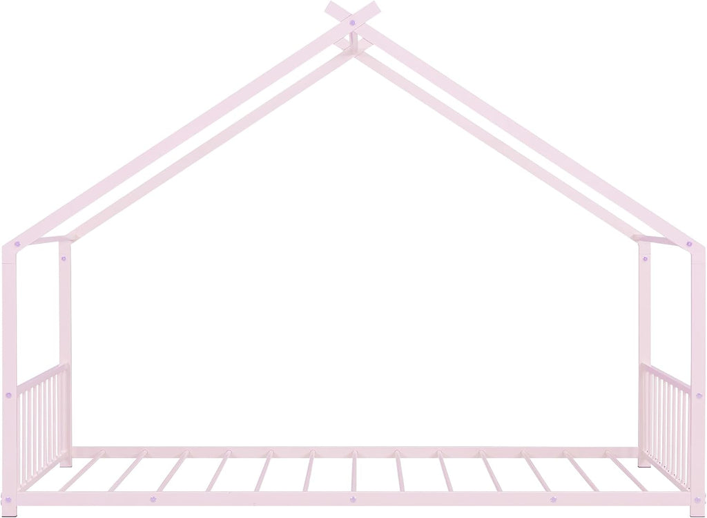 Bellemave Twin Floor BedFrame with Slats for Kids, Metal Montessori Floor Beds, Twin House Bed for Kids, Pink with roof