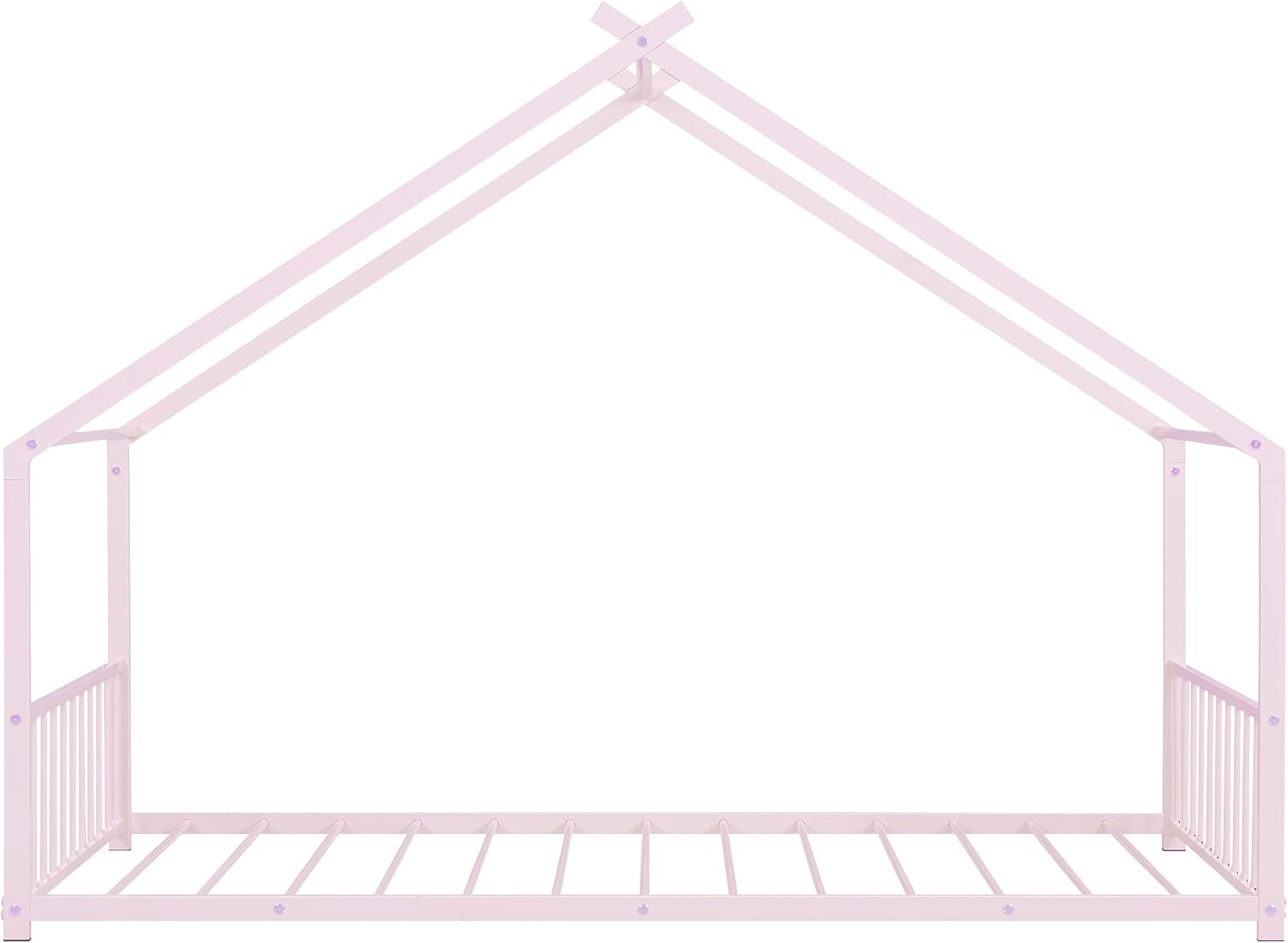 Bellemave Twin Floor BedFrame with Slats for Kids, Metal Montessori Floor Beds, Twin House Bed for Kids, Pink with roof