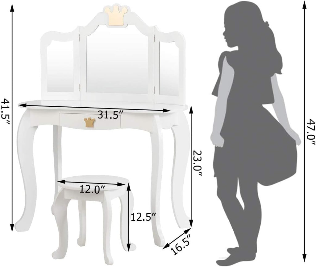 Costzon Kids Vanity & Jewelry Armoire Cabinet, Kids Makeup Vanity Table and Chair Set, 360° Swivel Standing Jewelry Organizer with Full-Length Mirror, Kids Bedroom Furniture Set for Girls (White)