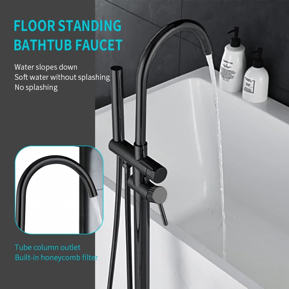 Floor Mount Bathtub Faucet, Freestanding Tub Filler, Standing Swivel Spout Shower Faucets Shower Mixer Taps with Cylinder Handheld Shower (Black, With Embedded Box)