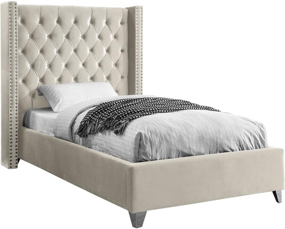 Meridian Furniture Aiden Collection Modern | Contemporary Velvet Upholstered Bed with Deep Button Tufting, Solid Wood Frame, and Custom Chrome Legs, Twin, Cream