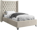 Meridian Furniture Aiden Collection Modern | Contemporary Velvet Upholstered Bed with Deep Button Tufting, Solid Wood Frame, and Custom Chrome Legs, Twin, Cream