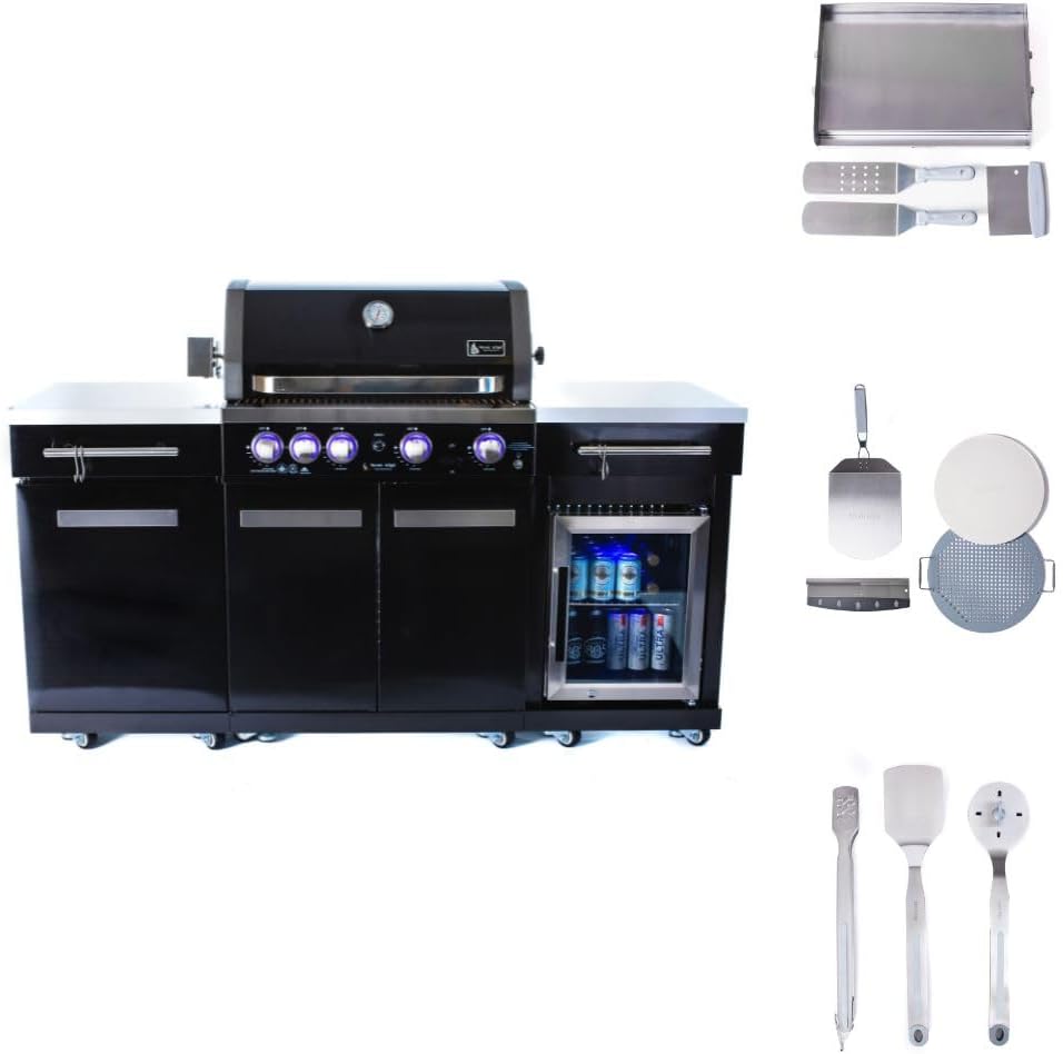 Mont Alpi Premium 70'W Black Stainless Steel Outdoor Kitchen Island with Refrigerator + 32'W 4-Burner BBQ Grill + Universal Flat Top Griddle + Pizza Peel + Cleaning Brush + Spatula + Cutter + Scraper