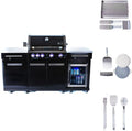 Mont Alpi Premium 70'W Black Stainless Steel Outdoor Kitchen Island with Refrigerator + 32'W 4-Burner BBQ Grill + Universal Flat Top Griddle + Pizza Peel + Cleaning Brush + Spatula + Cutter + Scraper