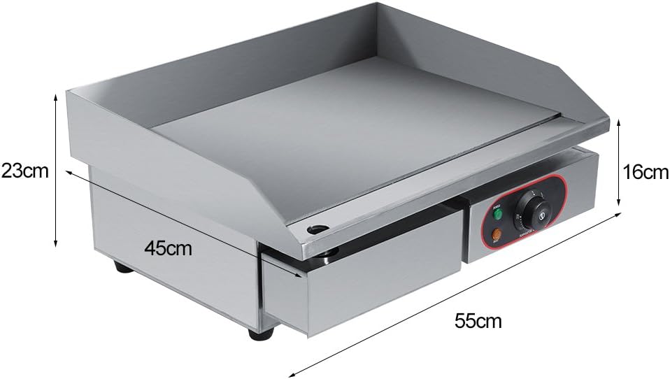 Commercial Electric Griddle Flat Top Stainless Steel Plate Countertop Hotplate Kitchen Grill BBQ Fried Pans Table-top Temp Control with Oil Leaking Hole and Removable Oil Drawer 55 x 45 x 23cm