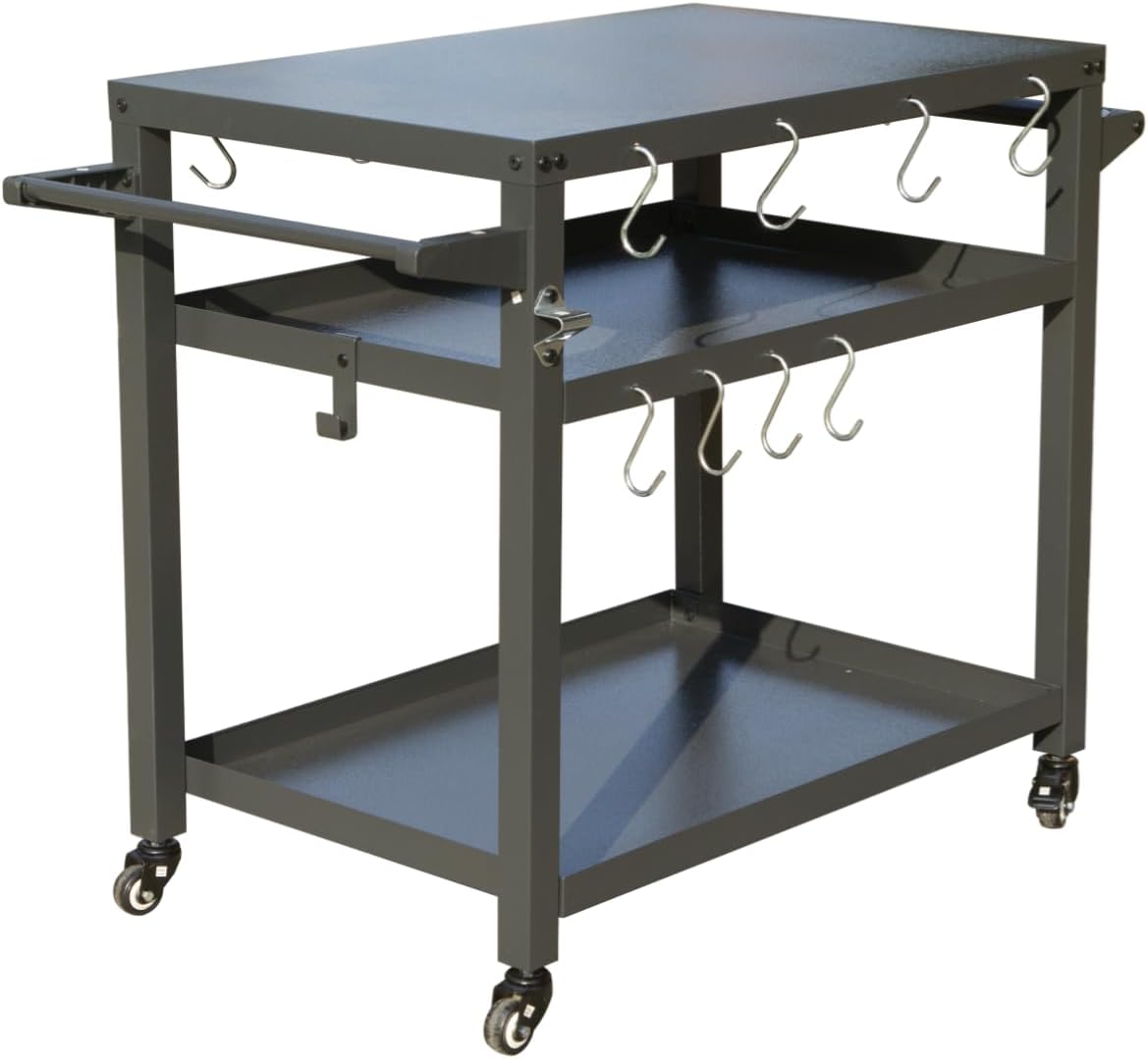 3-Shelf Outdoor Grill Table, Grill Cart with Wheels, Heavy-Duty Steel Food Prep Station with Propane Tank Hook for Blackstone Griddle, Pizza Oven Stand and BBQ Grill Cart for Backyard Cooking