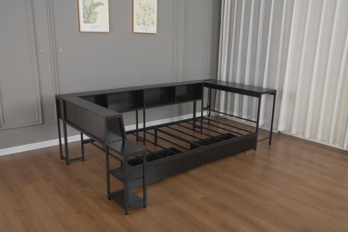 Bellemave Twin Corner Bed Frame with Desk and Storage, Twin Captains Beds with Charging Station,LED Light, Wood Daybeds with L-Shaped Bookcase and 2 Drawers, Black