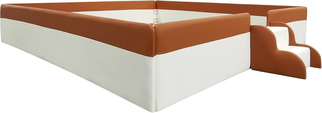 VilroCaz King Size Upholstered Daybed Frame with Fence and Stairs, Montessori Kids Floor Bed with Sturdy Slat Support for Kids Boys Girls (Brown+King)