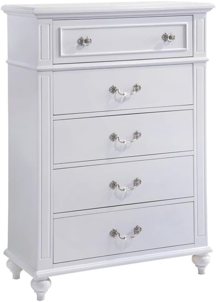 Pemberly Row Contemporary 4 Piece Twin Platform Bedroom Set, Solid Rubber Wood with White Faux Leather Headboard, Trundle Storage, Crystal Ball Posts, Bow Moldings, Bedroom Furniture for Kids or Teens