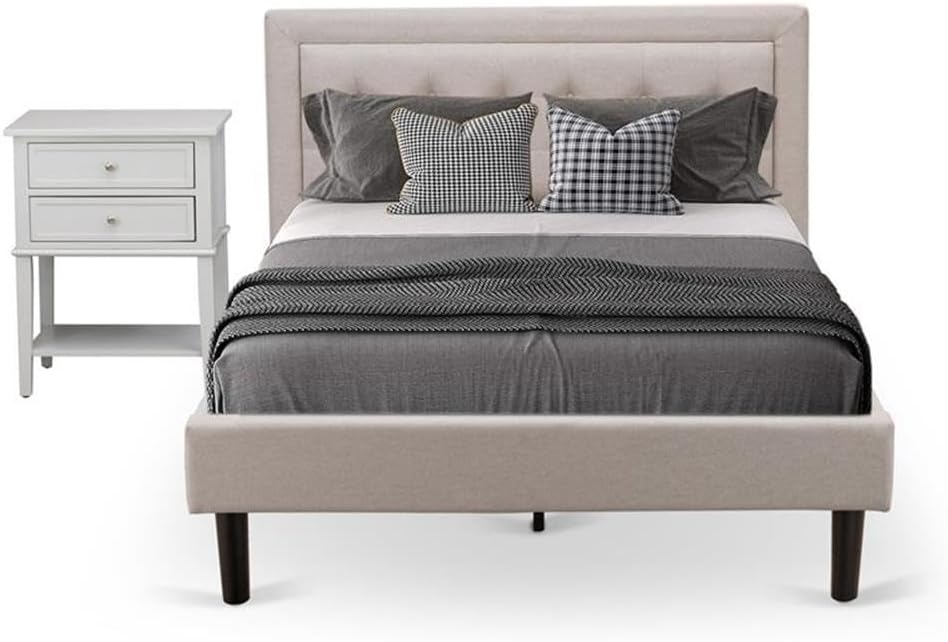 East West Furniture FN08F-1VL14 2-Pc Platform Bedroom Set with 1 Full Size Bed Frame and a Night Stand - Reliable and Durable Manufacturing - Mist Beige Linen Fabric