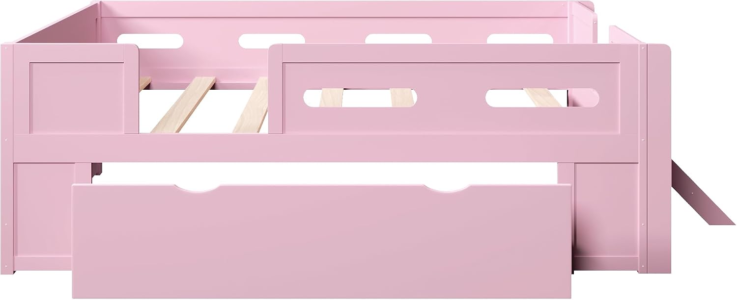 VilroCaz Modern Twin Size Platform Bed with Guardrail and Large Drawer, Wood Kids Platform Bed Frame with Two-Step Ladder for Boys Girls, Sturdy Slats Support (Pink-1.12T)