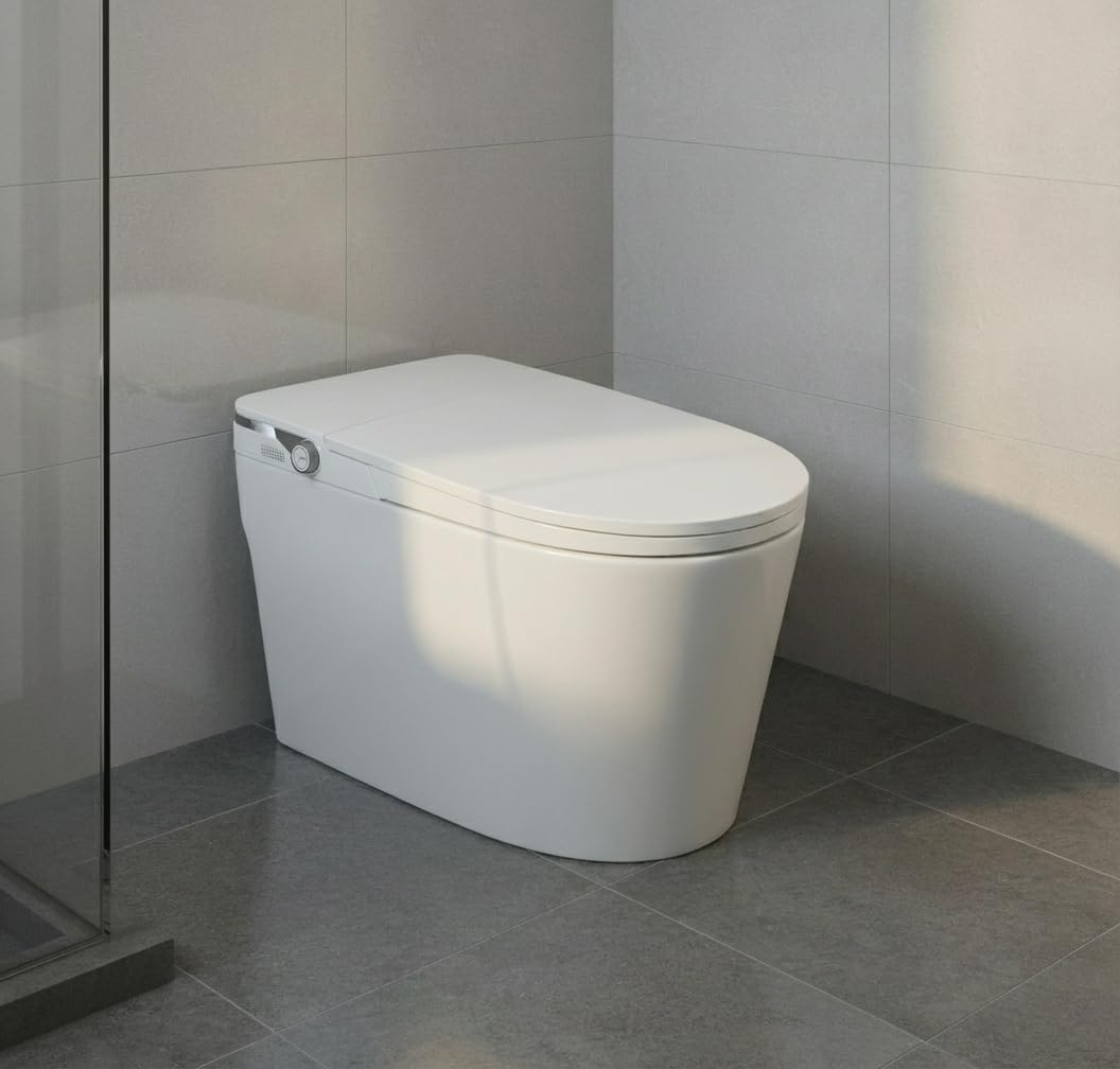 Smart Toilet with Bidet Built in, Heated Seat & Dual Auto Flush, Foot Sensor, Modern Extended Electric Toilet with Water Tank, Warm Water Wash, Air Drying, LED Night Light, Remote, Manual flip cover