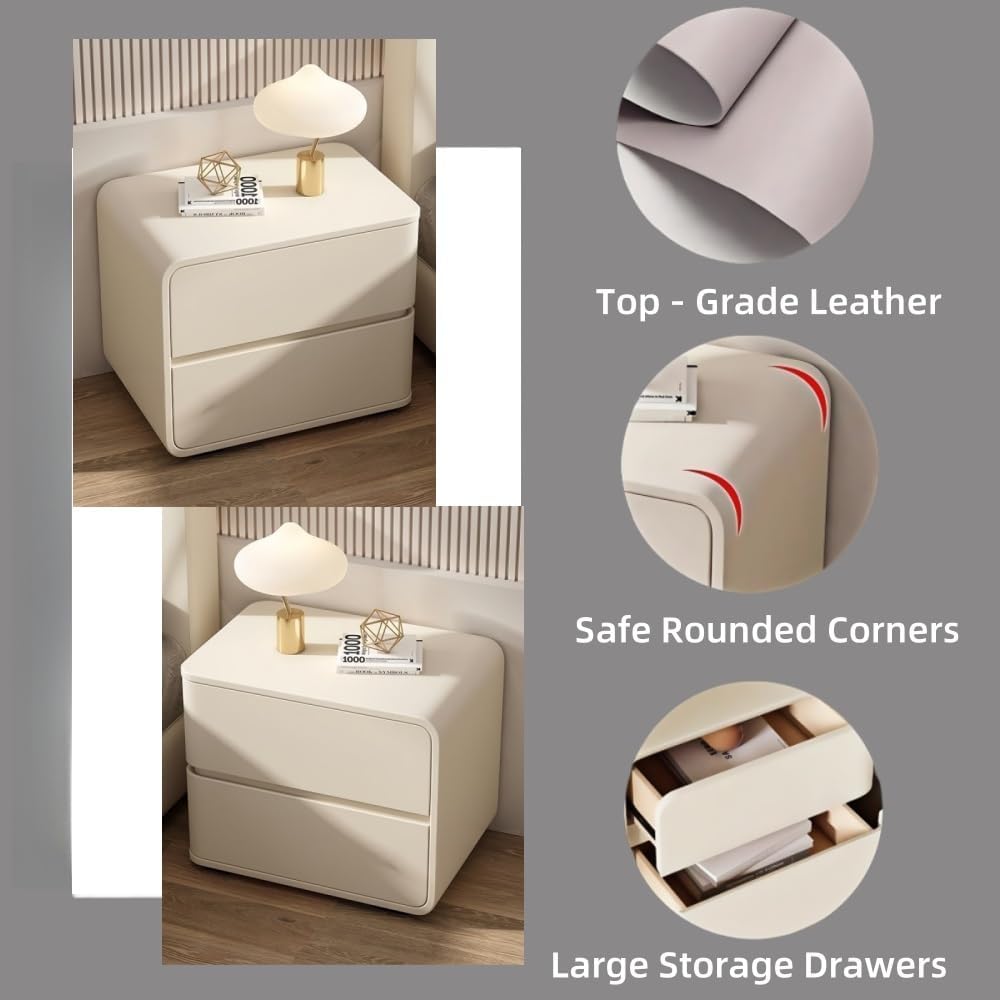 Bedside Table Set of 2 with Drawers, Simple Leather Bedside Table, Left and Right Combination Bedside Tables Suitable for Bedrooms(Beige,Medium)