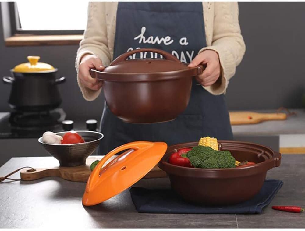 Clay Pot Stockpot,Ceramic Casserole with Lid and Handle Braiser Pan Healthy Saucepan for Braising Slow Cooking Bibimbap Black A 6.3quart (Brown 2.64Quart)