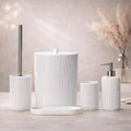 Lydia Collection 5-Piece Resin Bathroom Accessories Set – Toilet Brush Holder, Waste Bin, Soap Dispenser, Tray & Toothbrush Holder (White)