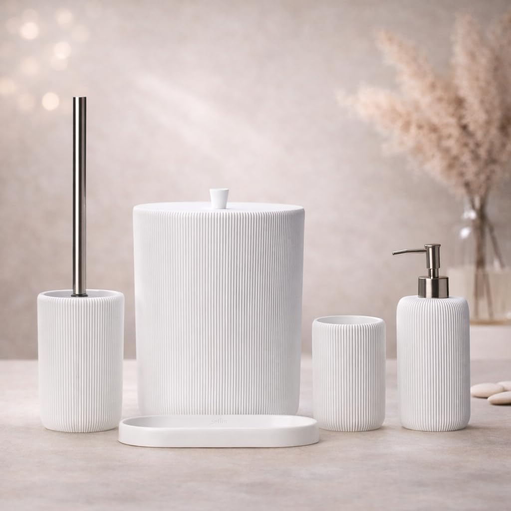 Lydia Collection 5-Piece Resin Bathroom Accessories Set – Toilet Brush Holder, Waste Bin, Soap Dispenser, Tray & Toothbrush Holder (White)