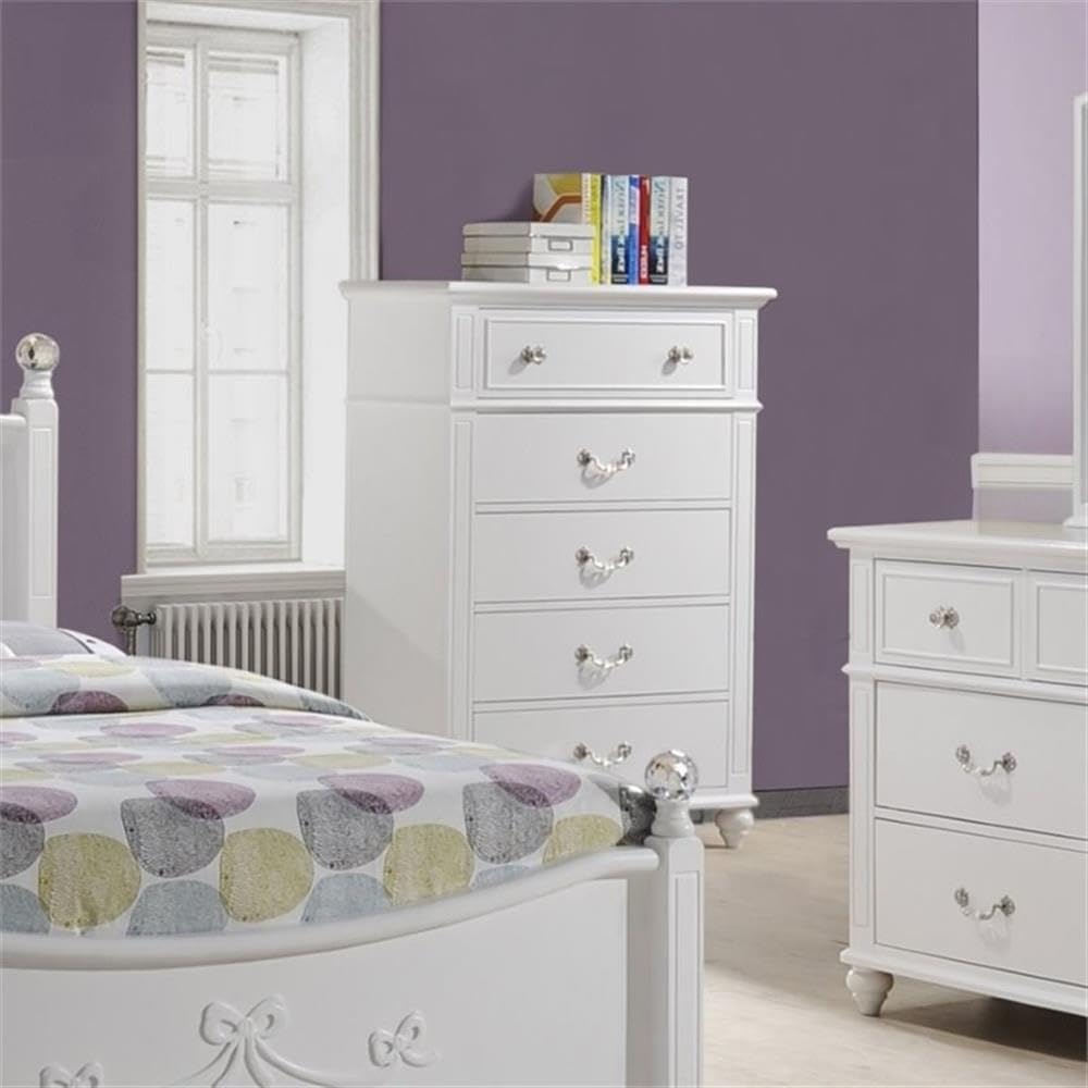 Pemberly Row Contemporary 4 Piece Twin Platform Bedroom Set, Solid Rubber Wood with White Faux Leather Headboard, Trundle Storage, Crystal Ball Posts, Bow Moldings, Bedroom Furniture for Kids or Teens