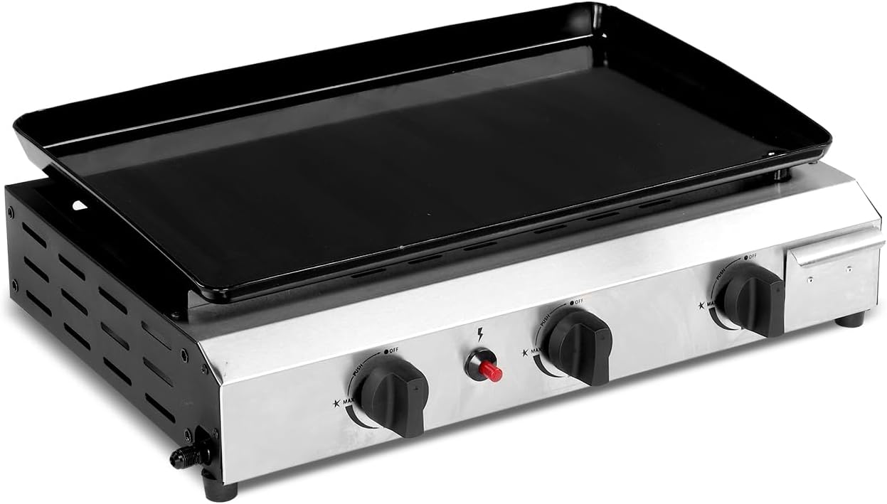 Flat Top Propane Grill, 3-Burner with Removable Griddle, 30,000 BTU, 2-Wheel Stand