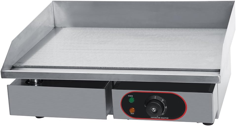 Commercial Electric Griddle Flat Top Stainless Steel Plate Countertop Hotplate Kitchen Grill BBQ Fried Pans Table-top Temp Control with Oil Leaking Hole and Removable Oil Drawer 55 x 45 x 23cm