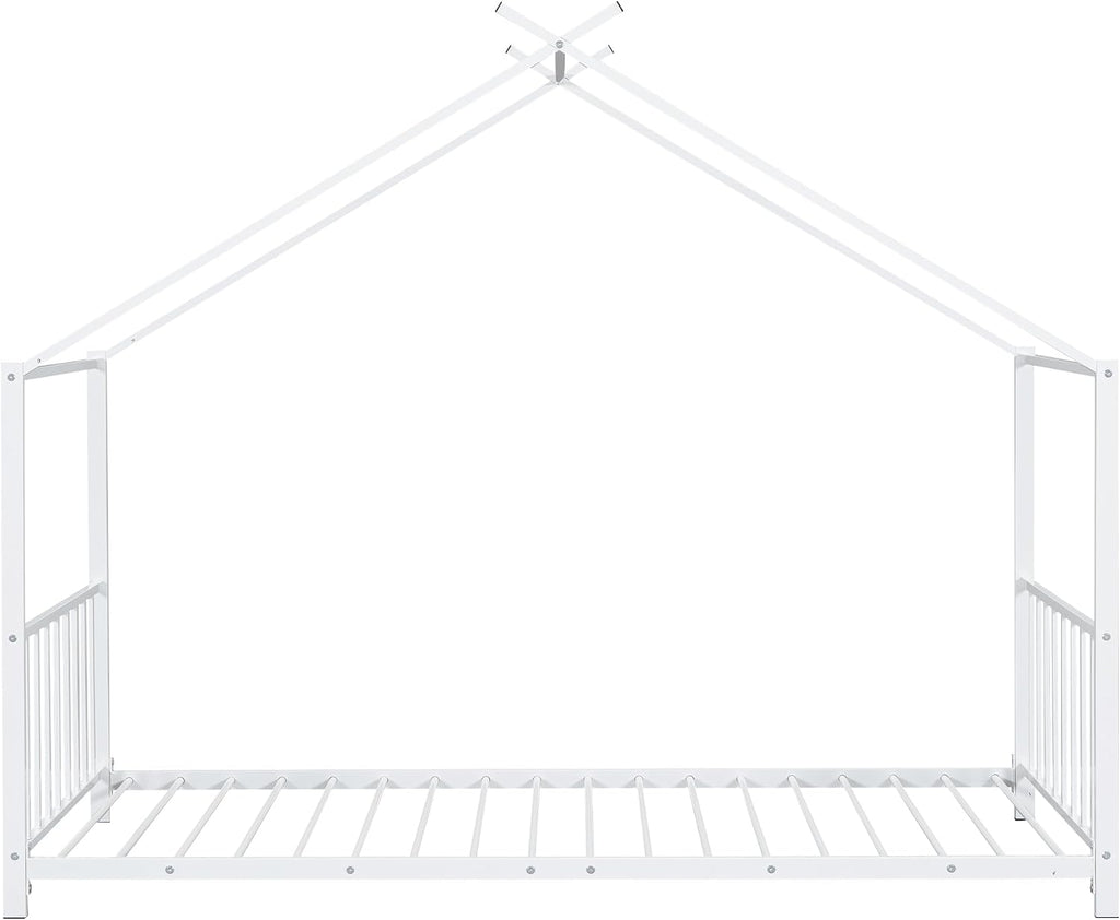 Bellemave Twin Size House Floor BedFrame for Kids, Metal Montessori Beds with slats, Twin House Beds for Kids Girls Boys, Wash White