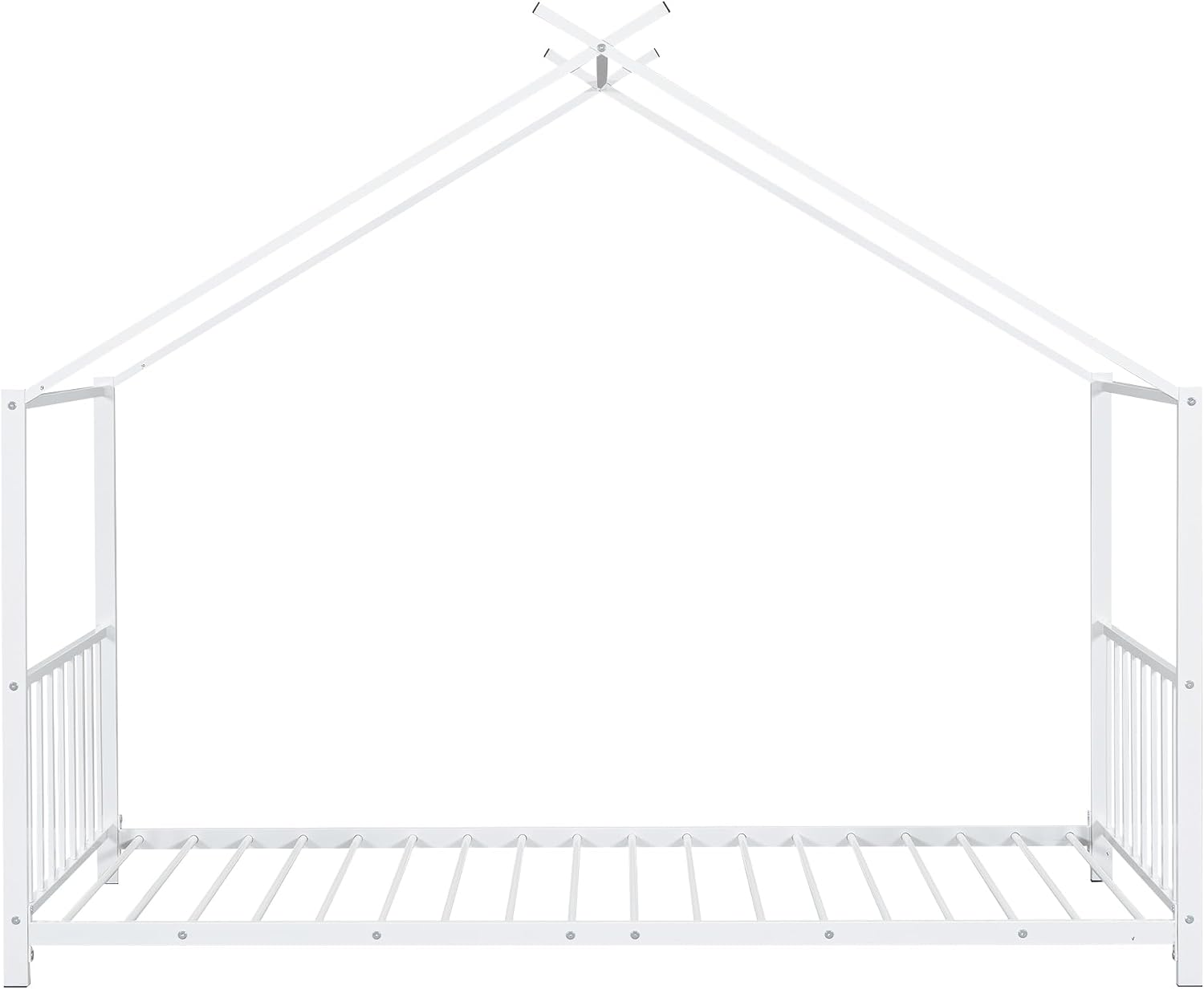 Bellemave Twin Size House Floor BedFrame for Kids, Metal Montessori Beds with slats, Twin House Beds for Kids Girls Boys, Wash White