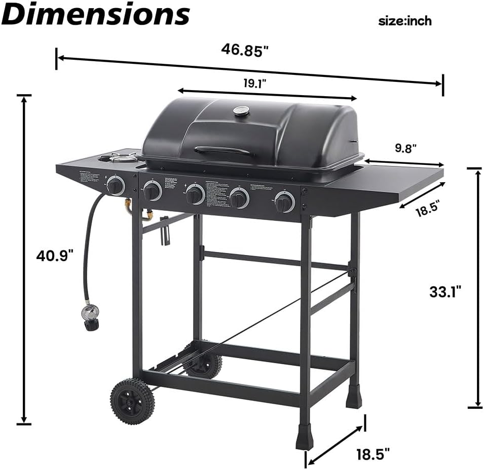 5-Burner Propane Gas BBQ Grill, Stainless Steel Barbecue Grill with Side Burner with Side Burner, Propane Griddle Grill Combo with Enamel-Coated Grates and Side Tables for Camping, Patio