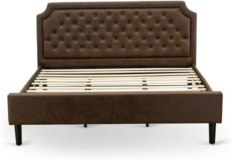 East West Furniture GB25K-2GA08 3-Piece Bedroom Set with Button Tufted King Size Bed and 2 Antique Walnut Mid Century Modern Nightstands - Dark Brown Faux Leather with Black Texture and Black Legs
