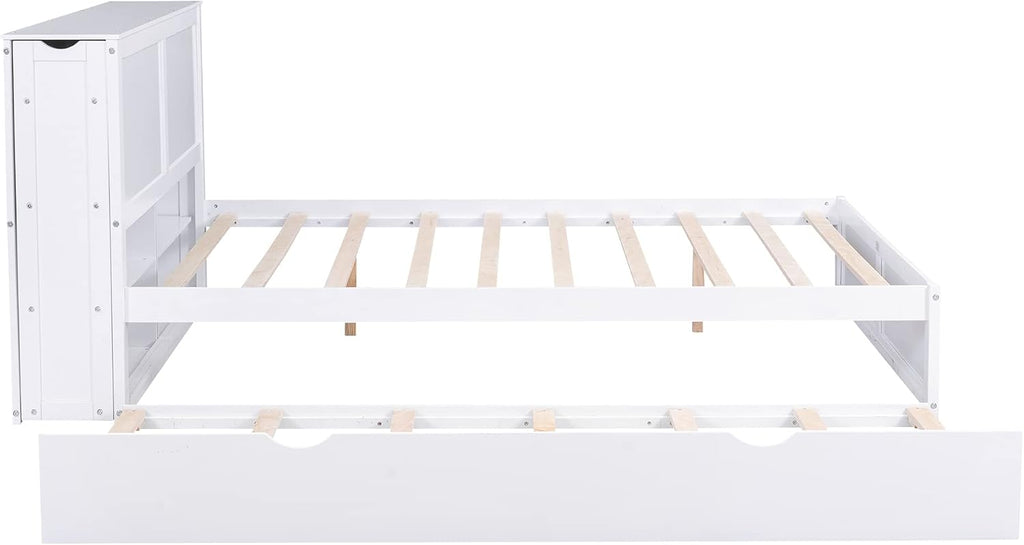 SOFTSEA Queen Bed Frame with Trundle Wood Platform Bed Frame with Pull Out Shevles for Bedroom