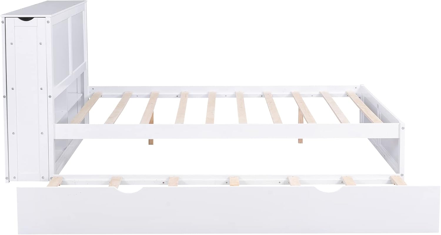 SOFTSEA Queen Bed Frame with Trundle Wood Platform Bed Frame with Pull Out Shevles for Bedroom