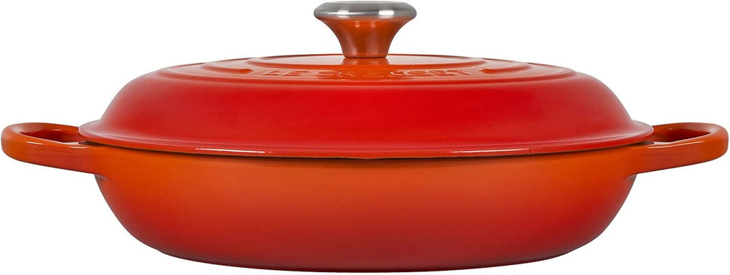 Le Creuset 3 1/2 qt. Signature Cast Iron Braiser Bundle with Magnetic Wooden Trivet - Flame