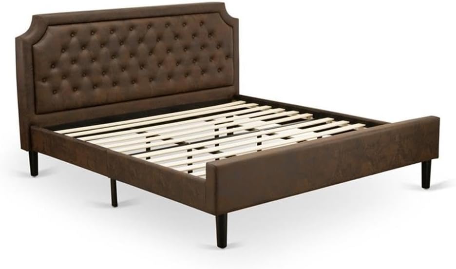 East West Furniture GB25K-2GA08 3-Piece Bedroom Set with Button Tufted King Size Bed and 2 Antique Walnut Mid Century Modern Nightstands - Dark Brown Faux Leather with Black Texture and Black Legs
