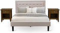 East West Furniture FN08Q-2GA08 3-Piece Platform Bed Set with 1 Queen Wood Bed Frame and 2 Mid Century Modern Nightstands - Reliable and Sturdy Manufacturing - Mist Beige Linen Fabric