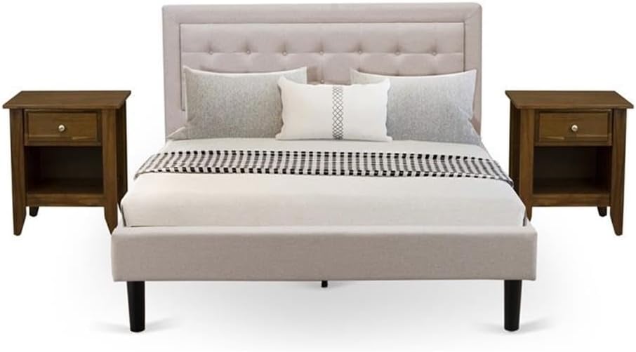 East West Furniture FN08Q-2GA08 3-Piece Platform Bed Set with 1 Queen Wood Bed Frame and 2 Mid Century Modern Nightstands - Reliable and Sturdy Manufacturing - Mist Beige Linen Fabric