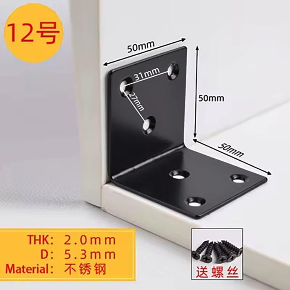 10Pcs 90 Degree Black Angle Bracket Stainless Steel Iron Durable Furniture Hardware Connector for DIY Woodworking(50X50B)