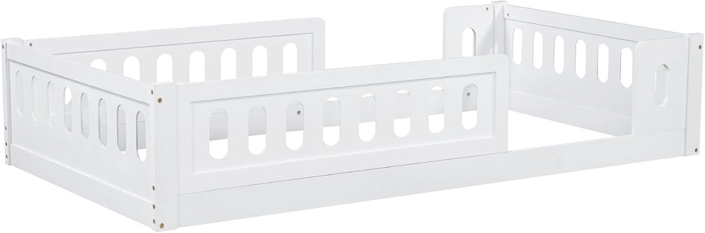 Platform Bed with Guardrail,Wood Floor Bed Frame for Bedroom,No Slat,No Box Spring Needed (White, Twin)