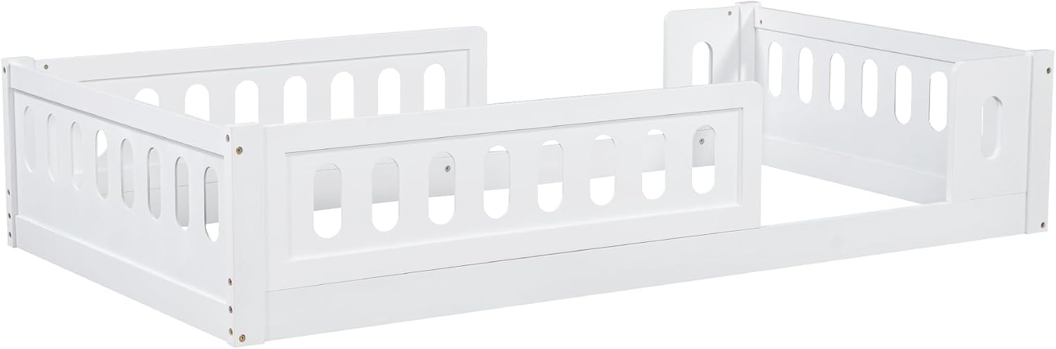 Platform Bed with Guardrail,Wood Floor Bed Frame for Bedroom,No Slat,No Box Spring Needed (White, Twin)