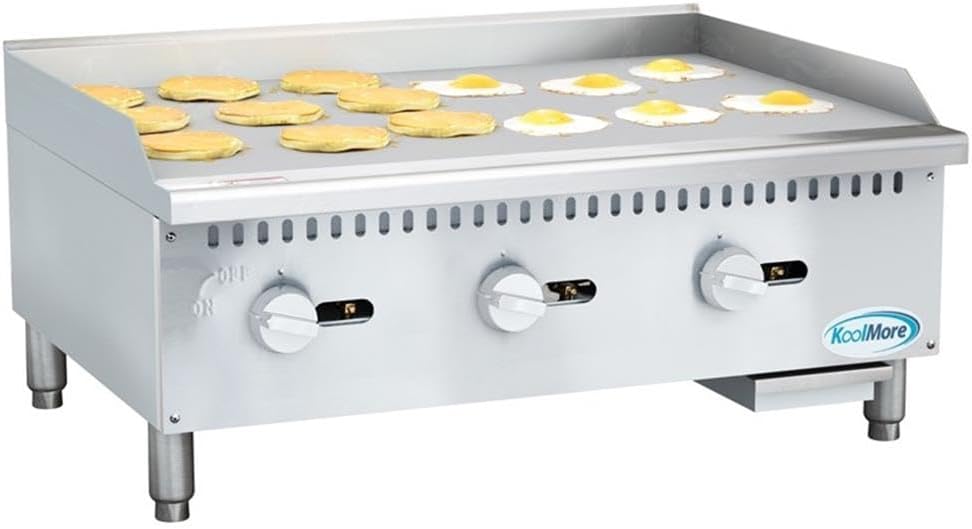 Pemberly Row 36-Inch Natural Gas Griddle, 3-Burner, 90000 BTU, Stainless Steel Construction, Adjustable Temperature, Drip Tray, Heavy Duty Flat Top Countertop Griddle for Restaurants or Food Trucks