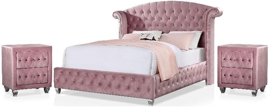 Furniture of America FOA Cyndi 3pc Pink Fabric Bedroom Set- Full + 2 Nightstands and Care Kit