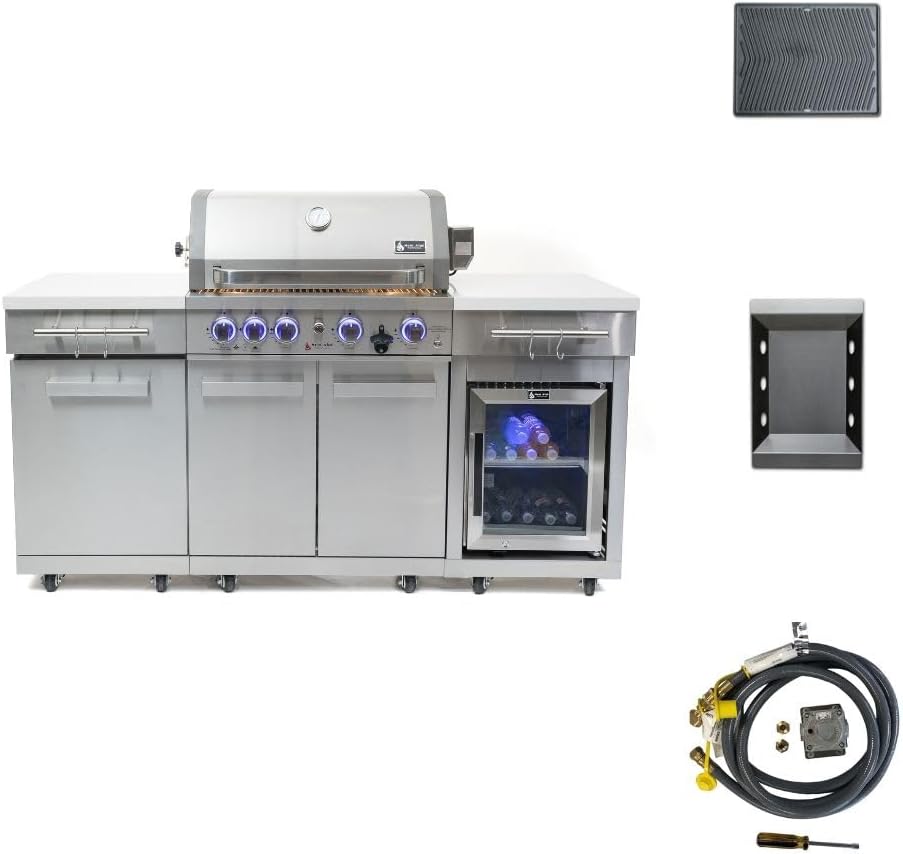 Mont Alpi Premium 70'W x 24'D x 46'H Stainless Steel Outdoor Kitchen Island with Refrigerator + 32'W 4-Burner BBQ Grill + Accessory Bundle - Natural Gas Conversion Kit + Griddle Plate + Charcoal Tray