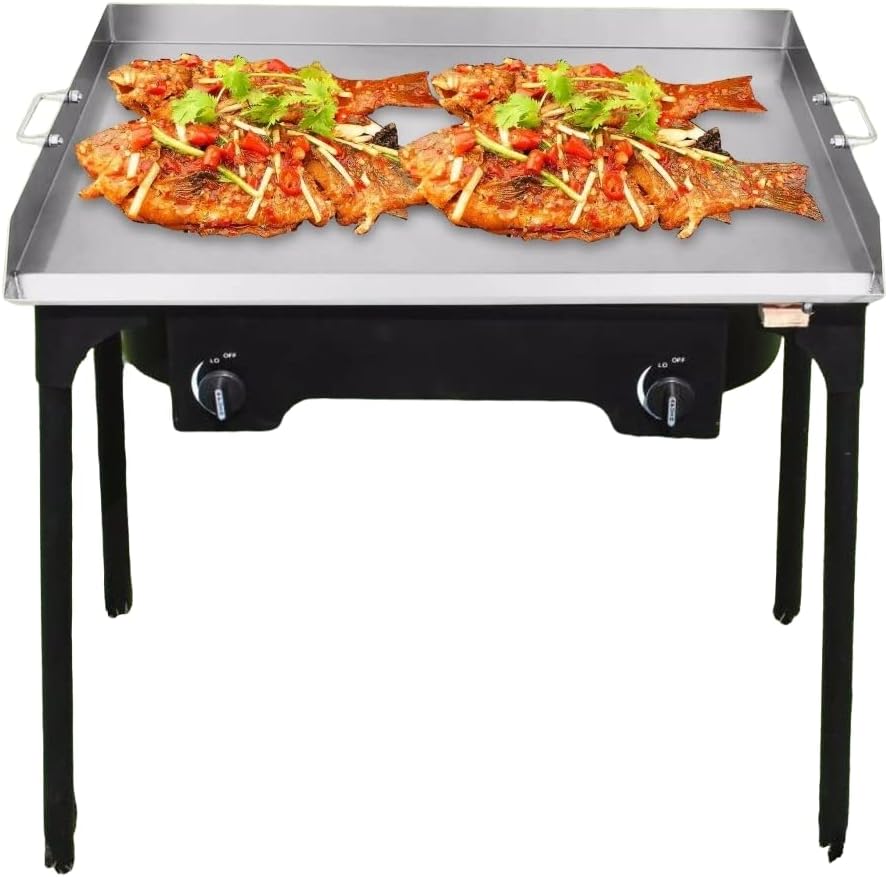 Flat Top Food Grade Stainless 32' Griddle + Double High-Pressure Propane Fueled Grill + Free Stand