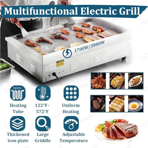 Commercial Electric Griddle, Stainless Steel Teppanyaki Flat Top Grill with Adjustable Thermostat 122-572°F, Non-Stick Surface, 3000W Countertop Cooking Appliance